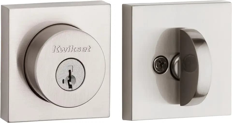 Kwikset Halifax Deadbolt Lock, Satin Nickel Square Exterior Keyed Front Entry Door, Pick Resistant SmartKey Rekey Security, Single Cylinder Dead Bolt, with Microban Protection