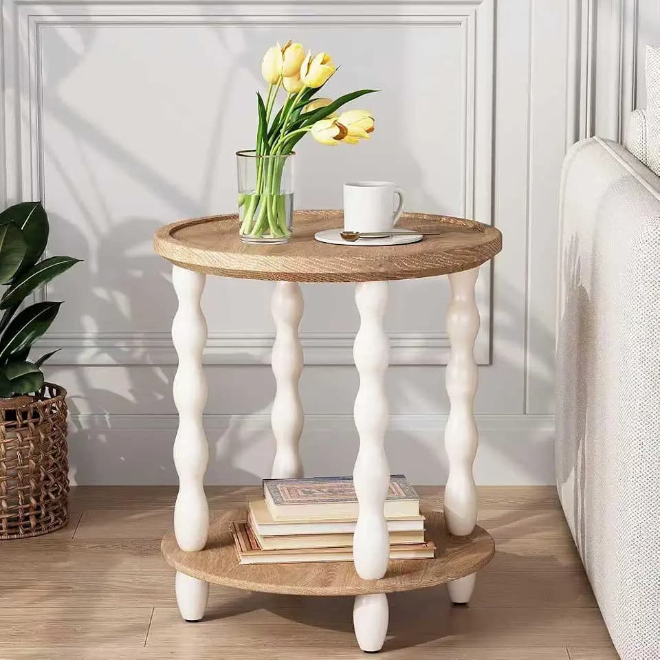 karlott Round Side Table, 2-Tier Farmhouse End Tables Living Room, Beige