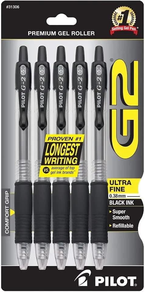 PILOT G2 Premium Retractable Rolling Ball Black Gel Pens, .38mm, 5-Pack