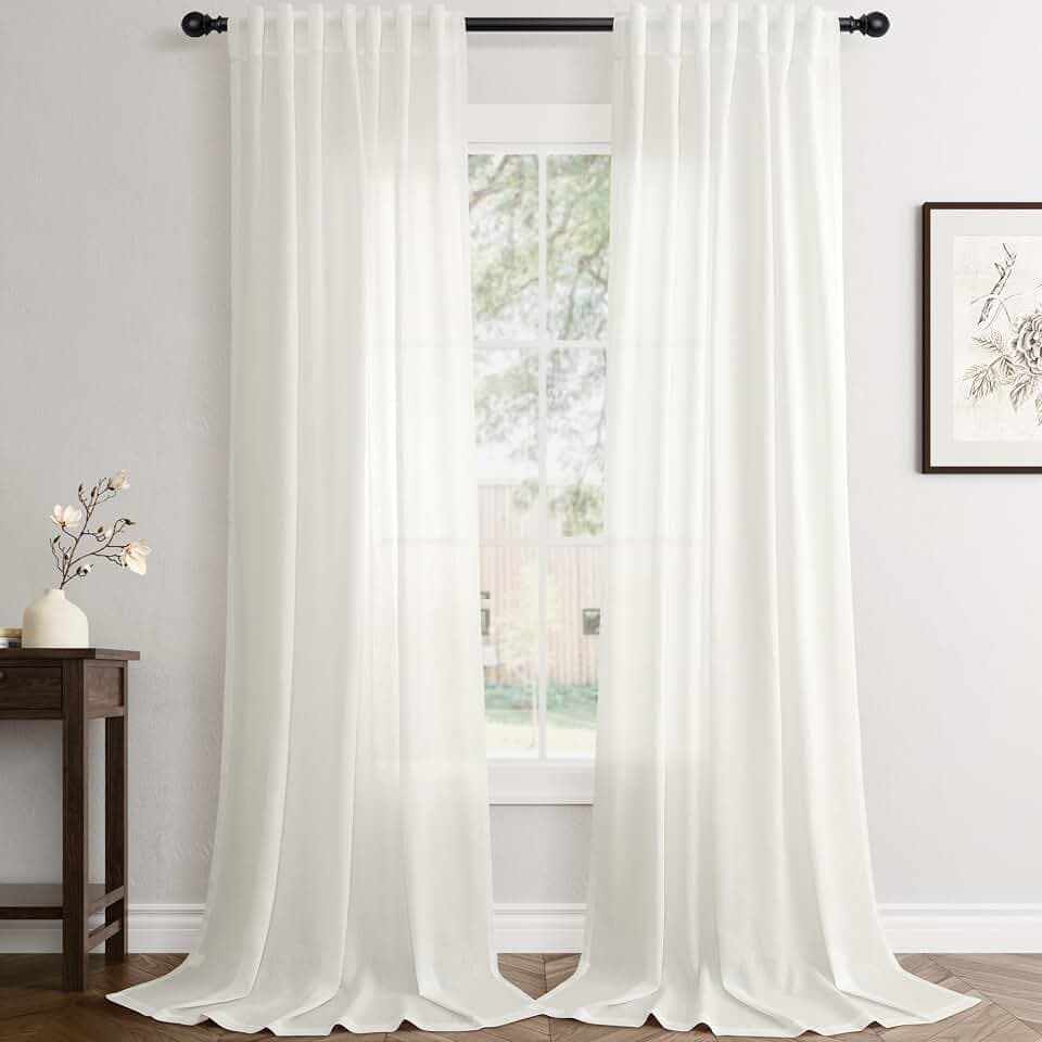 Jowels Ivory Linen Curtains 102 Inch Long 2 Panels for Living Room