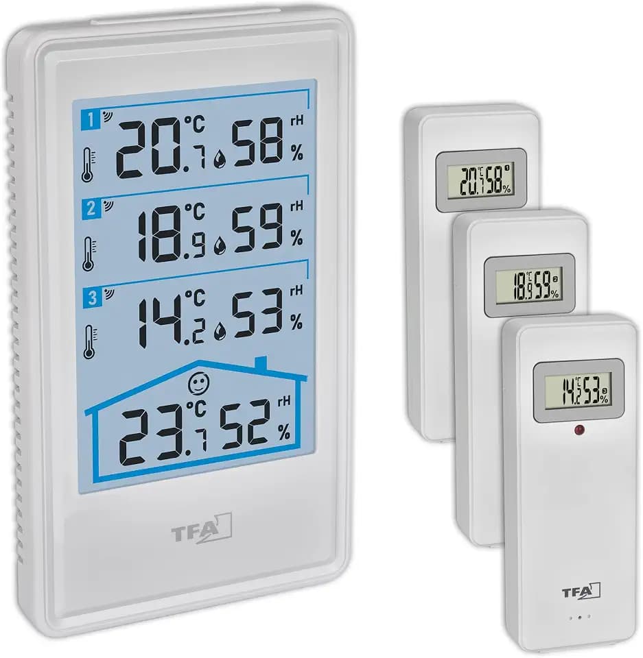 TFA Dostmann Funk Thermometer Luftfeuchtigkeit 3 Sender Innen/Außen