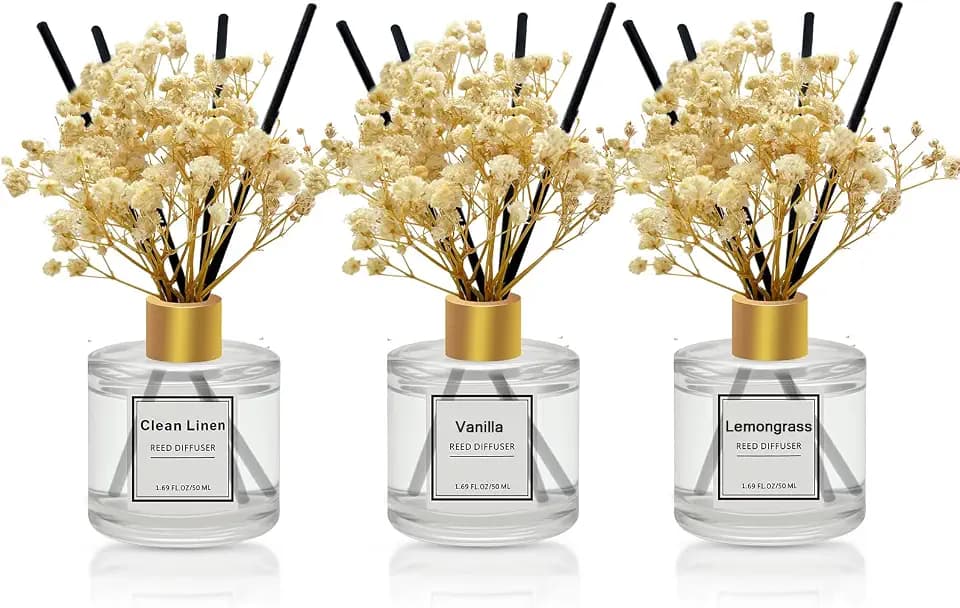 Reed Diffuser Set of 3 Pack,Clean Linen,Vanilla,Lemongrass Scented Oil Diffuser with 4 Sticks,Reed Diffusers for Home,Living Room,Bathroom Air Freshener Diffuser,50ml x 3