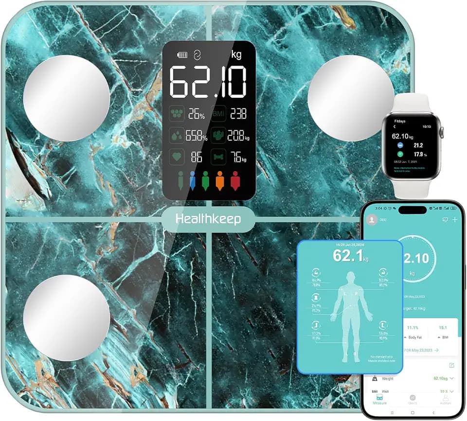 Körperfettwaage Personenwaage, Waage Personen mit Körperfett und Muskelmasse 15 Körperdaten Körperwaage mit Körperfettanalyse, Smart Waage mit APP, Großes Display, irisierend Grün