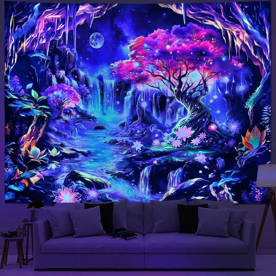 Yuiqear Black Light Tree of Life Tapestry UV Reactive Mountain Waterfall Tapestries Blacklight Space Wall Decor Floral Plant Fantasy Lanscape Tapestry Wall Hanging for Bedroom