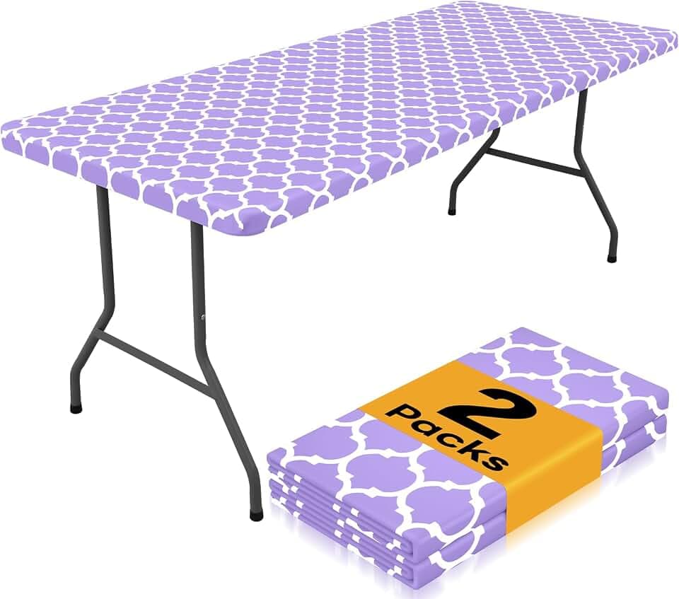 Smiry 2 Pack Rectangle Table Cloth 8 Foot, Waterproof Elastic Fitted Tablecloths, Windproof Washable Polyester Table Cover for Picnic, Camping, Outdoor (Lavender, 30"x96")