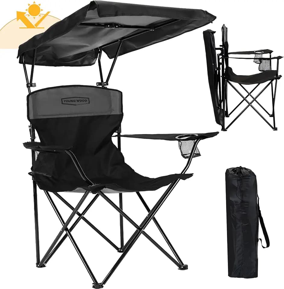 YOUNG WOOD Camping Chair with Canopy, Beach Chair with Shade,Portable,Lightweight Oversized for All, Easy to Open and Close Without Installation, Side Pocket Design for All Outdoor Activities,Black