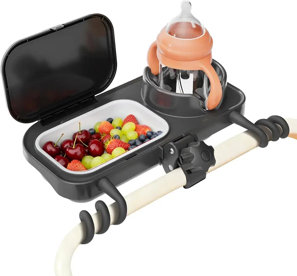 Universal Stroller Snack Tray with Cups Holder, Removable Silicone Insert