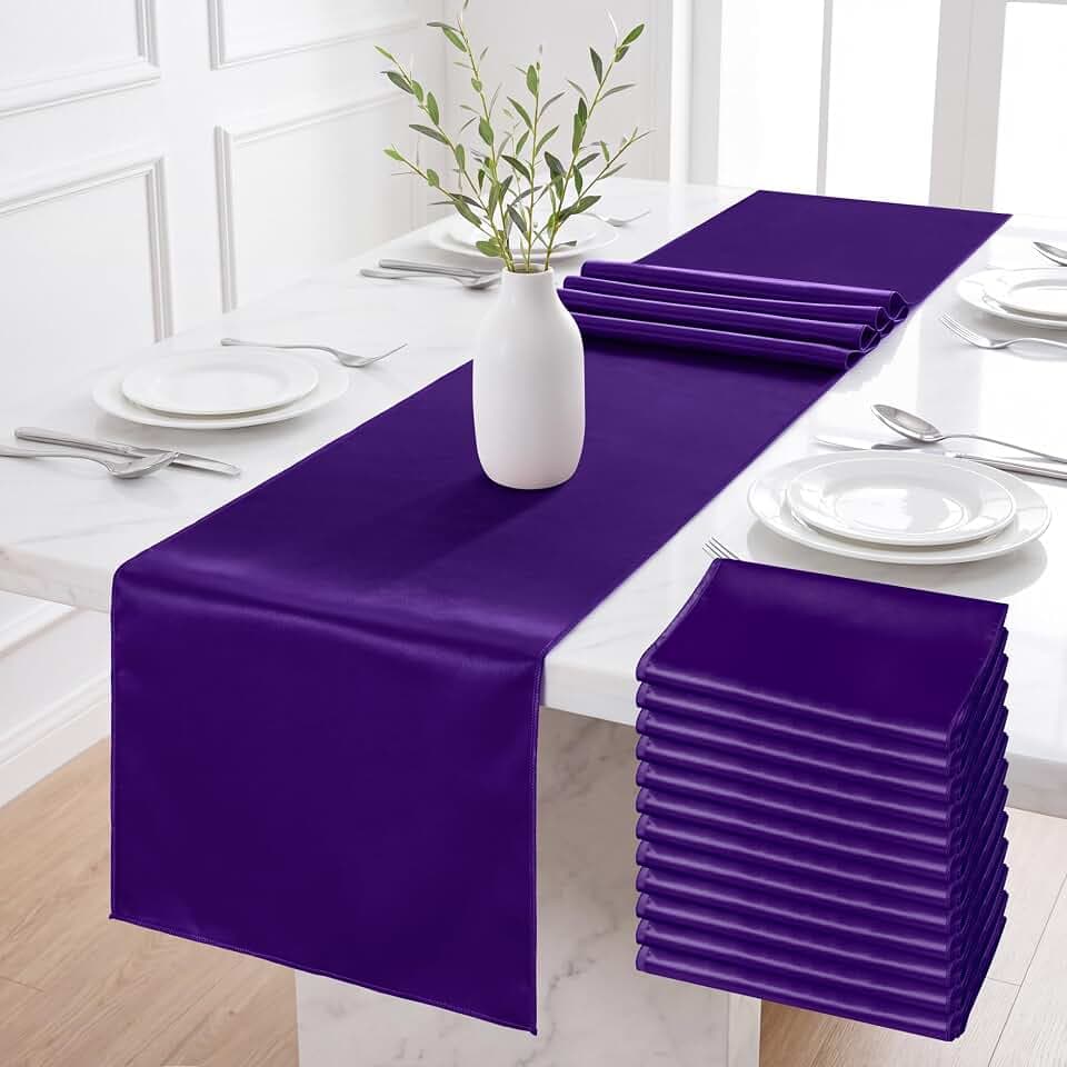 Aneco Satin 12 Pack Table Runner 12 x 108 Inch Dark Purple Long Wedding Satin Silk Table Runner for Wedding Banquet Graduations Birthday Party Decoration