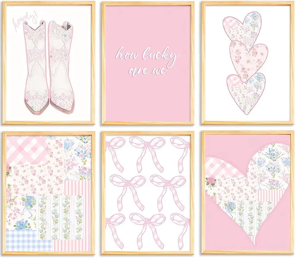QLDENIX 6Pcs Pink Preppy Wall Art Cowgirl Boots Canvas Wall Decor