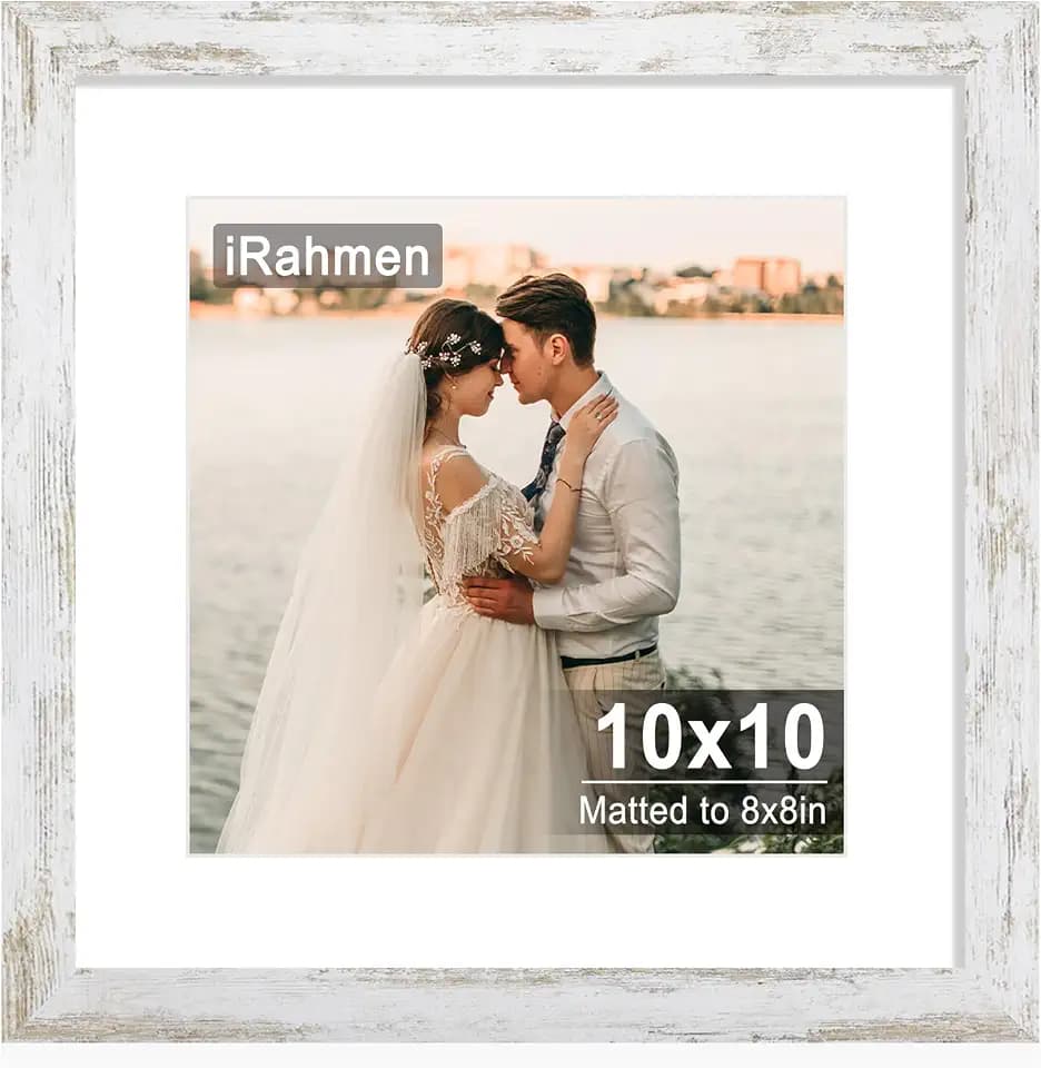 iRahmen 10x10 Picture Frame with HD Tempered Glass, Display Pictures 8x8 with Mat or 10 x 10 Without Mat, Wood Photo Frames for Tabletop and Wall Mount (Rustic White, 1 Pack)
