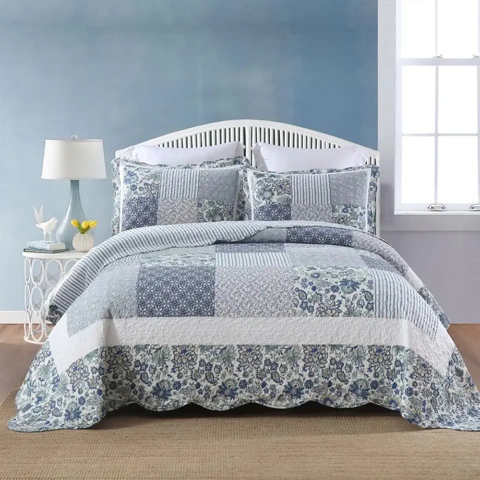 Cotton Bedspread Quilt Bedding Sets, 3 Pieces Reversible Coverlet Sets Lightweight Comforters,Vintage Rustic Patchwork Quilt Blue All Season Bedspread,Blue Vintage Floral, Queen Size