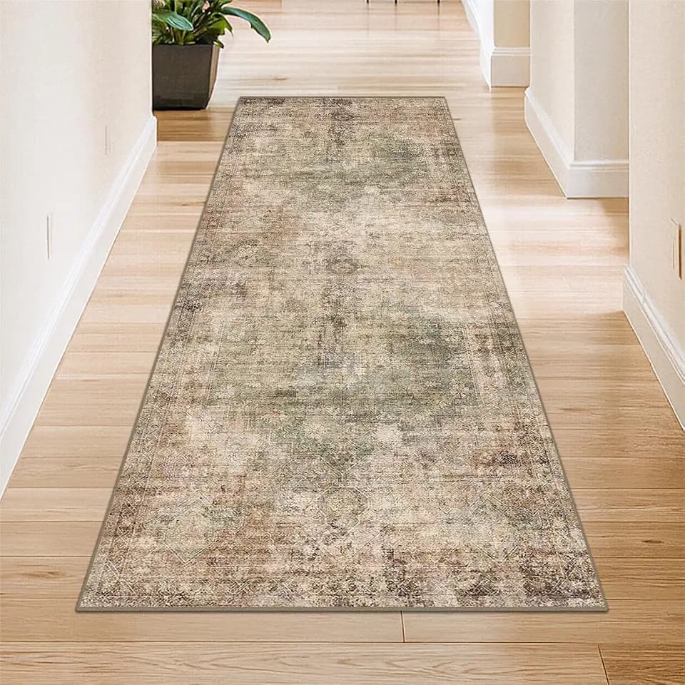 Farmhouse Washable Hallway Runner Rug, 2x6 Green and Brown Rugs for Kitchen Floor Waterproof, Bathroom, Entrance Indoor, Bedroom, Non Skid & Stain Resistant Carpet, Distressed Design