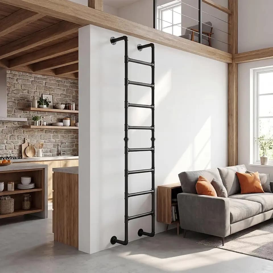 8FT/244CM Wall Mounted Loft Ladder, 8 Rung Metal Ladder with 355lb Capacity