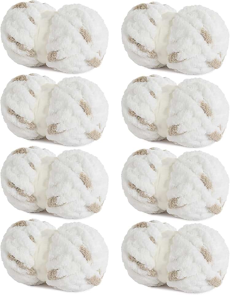 HOMBYS Chunky Chenille Yarn for Hand Knitting,Fluffy Plush Thick Yarn for Arm Knitting,Super Bulky Giant Yarn,Big Soft Speckle Yarn for Crocheting,8 Jumbo Pack,White & Kahki (29 yds,7.5 oz Each Skein)