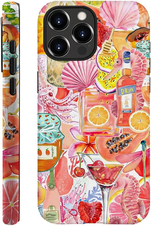 Compatible with iPhone 15 Pro,Durable & Shockproof Phone Case Cover Design - Seashell Dragonfly Fruit Seahorse Collage