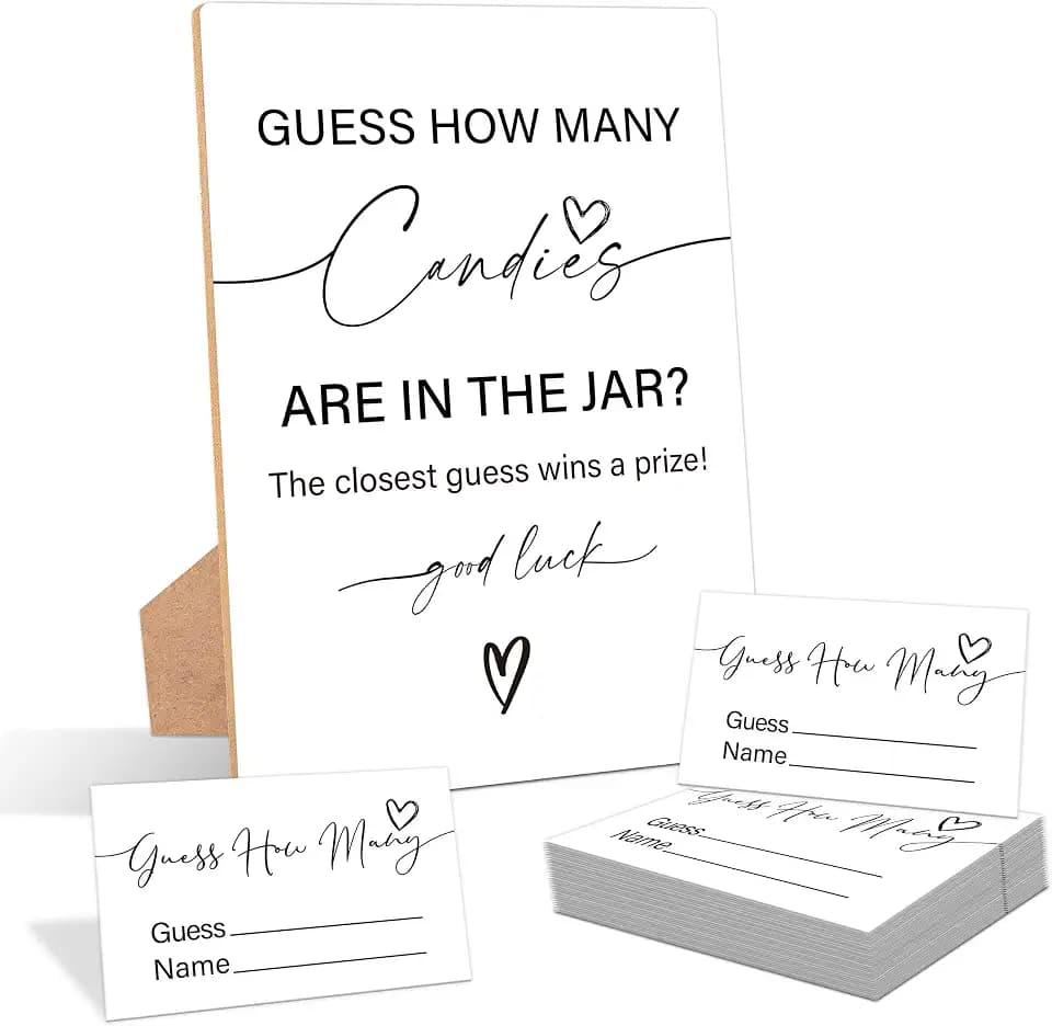 Minimalist Guess How Many Candies Are In The Jar Game, Pack of 1 Wooden Tabletop Sign with Stand and 50 Guessing Cards, Modern Baby Shower Game, Gender Reveal Party Decorations - WV09