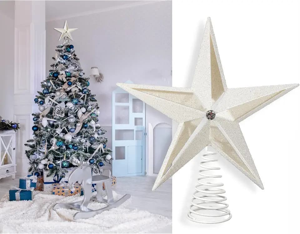 Christmas Traditions 10 inch Glittered Large Filigree Christmas Star Tree Topper Star for Large Tree 6 feet-8 feet Tall/Home Decor Ornaments (Platinum White)