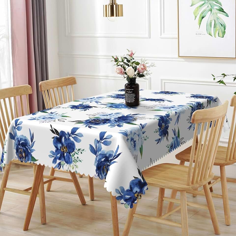 70x140inches Watercolor Blue Floral Tablecloth Blue White Rectangle Table Cloth Waterproof Stain Resistant Fabric Table Cover for Kitchen Dining Room Holiday Picnic Party Indoor Outdoor Decor