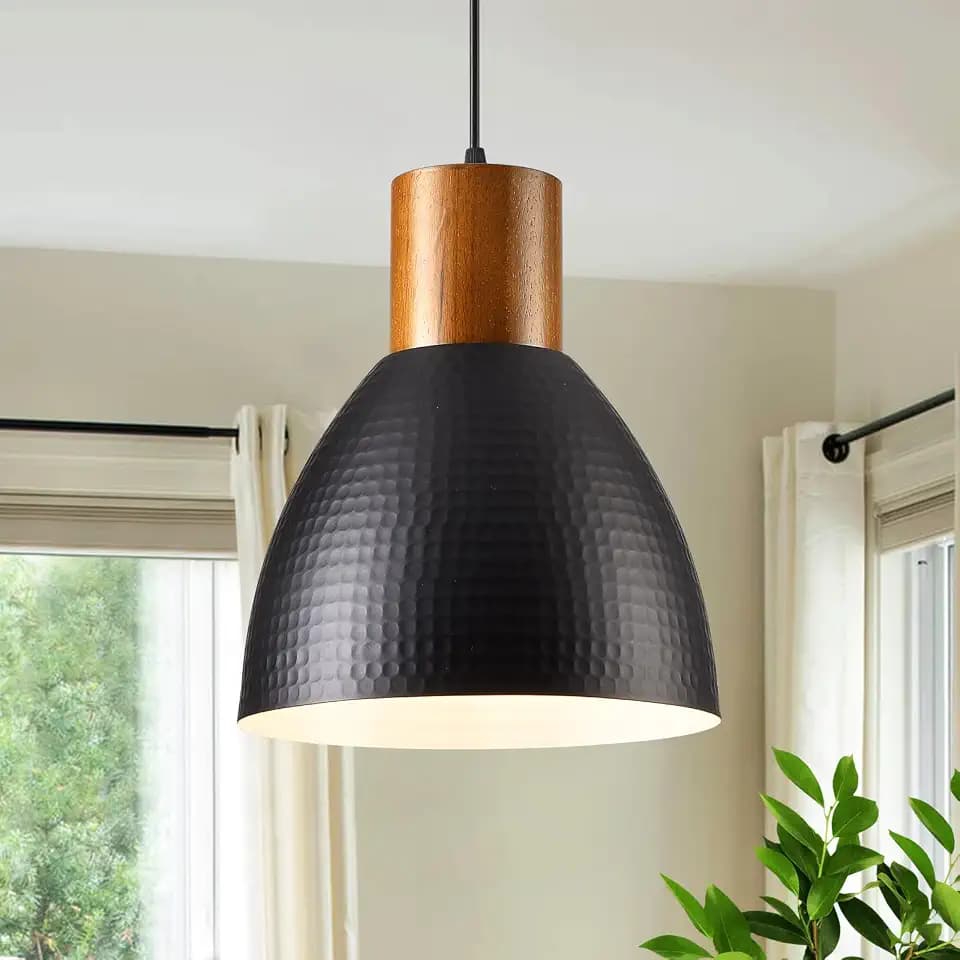 Farmhouse Pendant Light, Black Pendant Lights Kitchen Island, Modern Dome Pendant Lights with Hammered Metal Shade in Black Finish for Dining Room,Living Room,Bedroom,Hallway