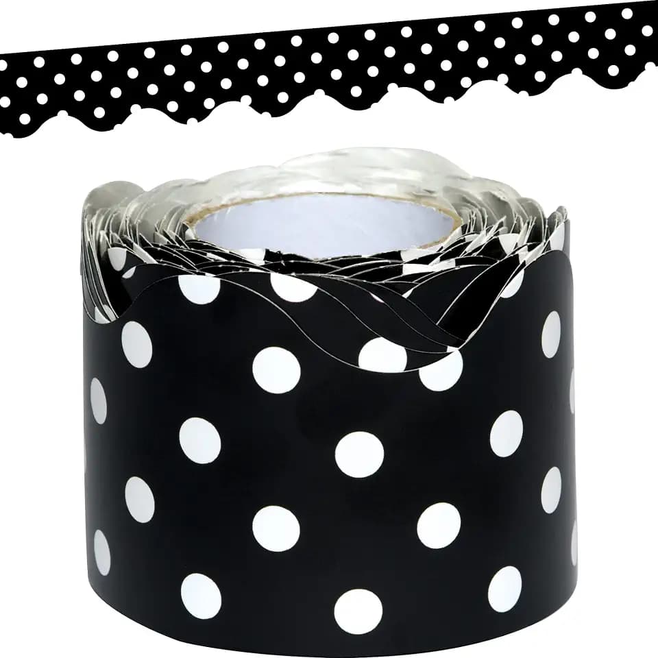 Teacher Created Resources Black Polka Dots Scalloped Rolled Border Trim - 50ft - Decorate Bulletin Boards, Walls, Desks, Windows, Doors, Lockers, Schools, Classrooms, Homeschool & Offices
