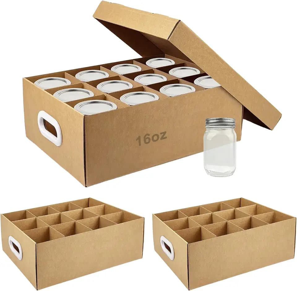 3 Pcs Canning Jar Storage Boxes, Cardboard Mason Jar Storage Box, 16 oz with Handles and Dividers, Stackable Mason Jar Organizers and Storage, Heavy-Duty Kraft