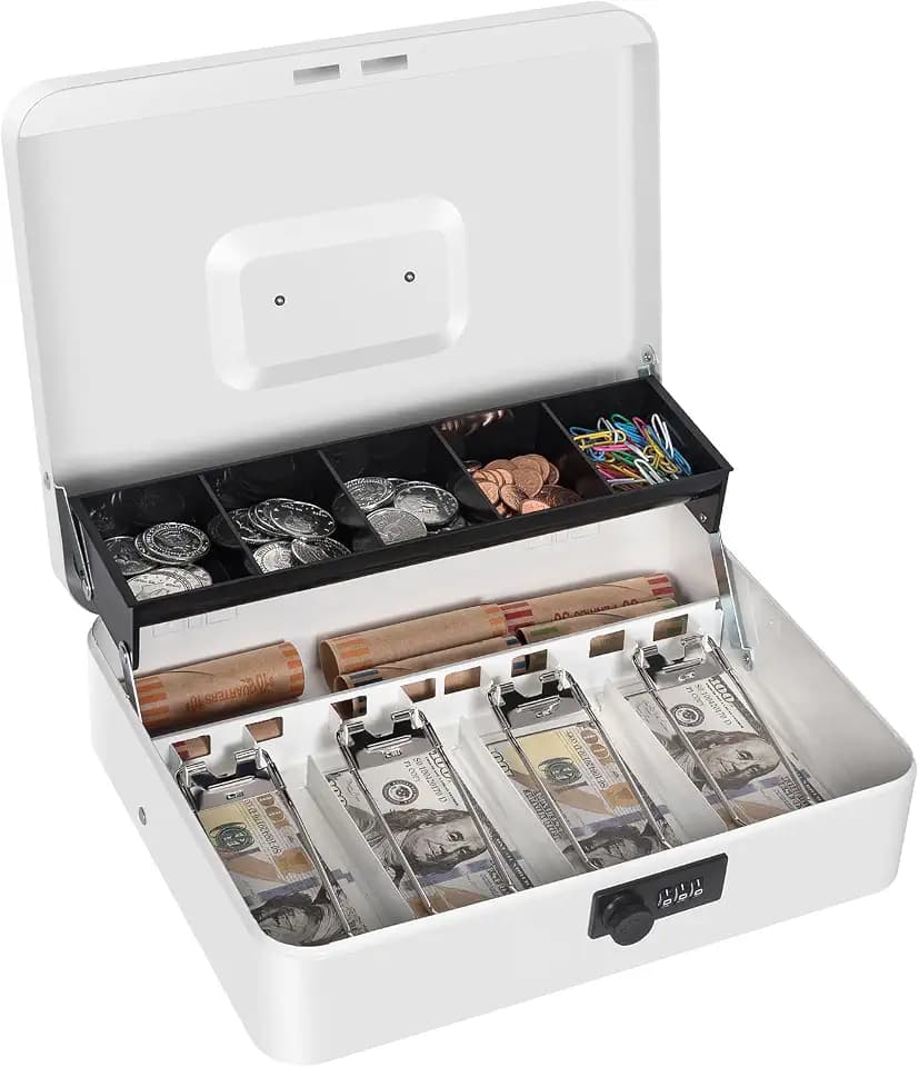 Cash Box with Money Tray and Combination Lock, Metal Money Box for Cash Register, Tiered Lock Box for Money 11.8" x 9.4" x 3.54" White