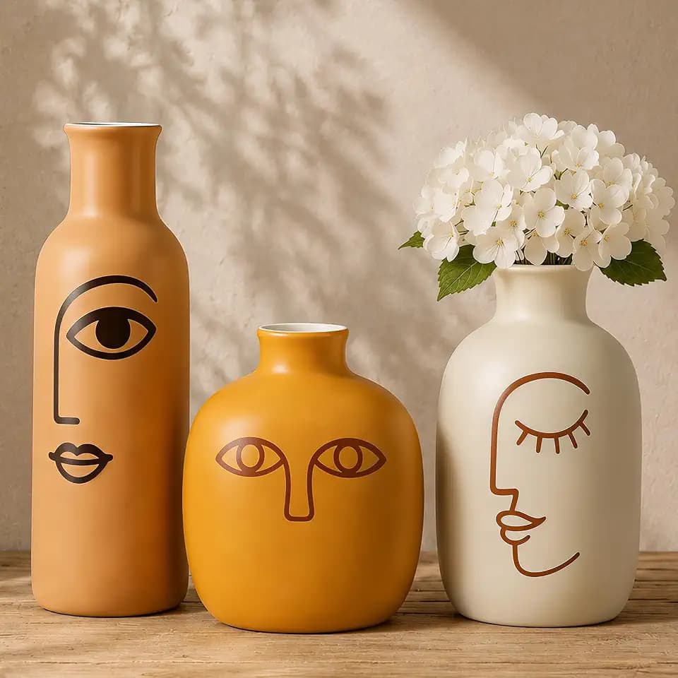 TBWIND Abstract Face Ceramic Vases Set of 3, Modern Boho Flower Vase