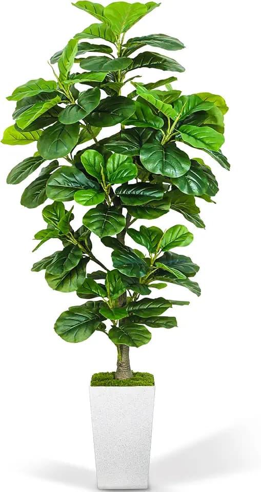 Artificial Fiddle Leaf Fig Tree 6ft, 6 Feet Large Tall Fake Plants Indoor with Modern Style Planter, Artificial Silk Tree for Home Office Living Room Decor Indoor, More Lifelike & Lush (White)
