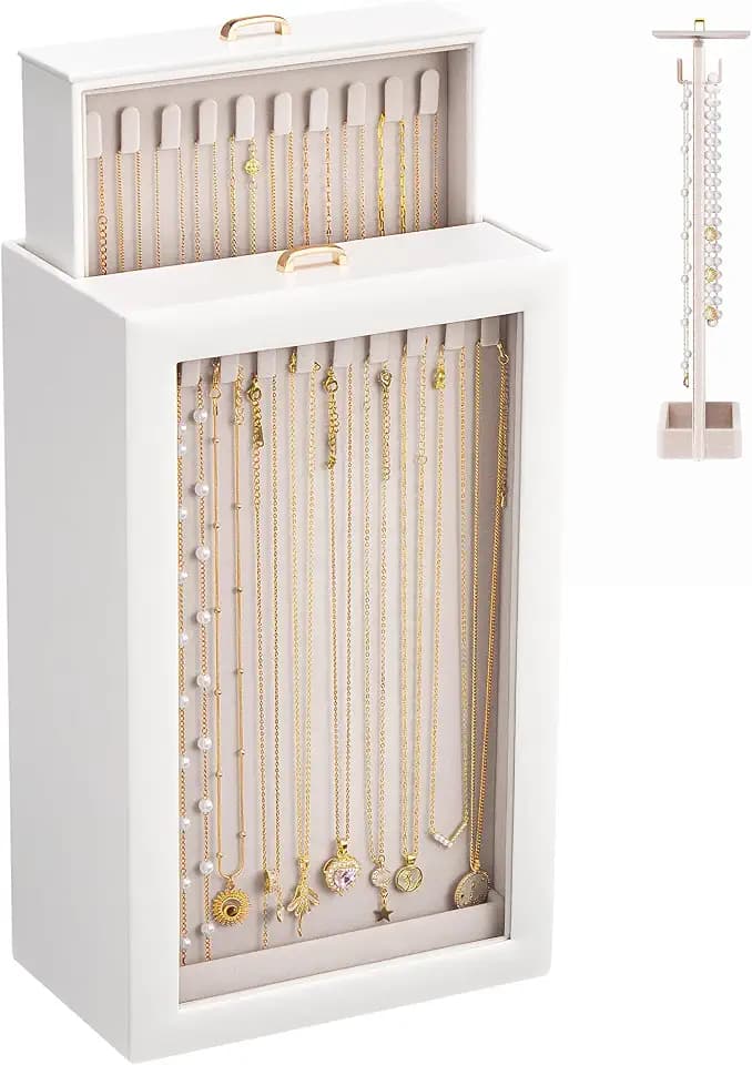 Lolalet Upgraded Double-Sided Hanging Necklace Organizer Box, Jewelry Display Case with Double-Sided Clear Window for Necklaces Bracelets, Tangle-Free Necklace Storage Box, White, 2-Layer 40 Hooks