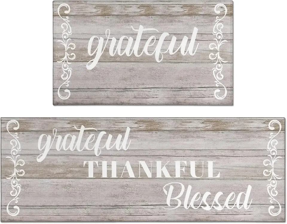 2Pcs Thankful Kitchen Rugs Set of 2 Floor Mats for Cooking Non Slip Waterproof Standing Kitchen Runner Mats 17”x30”+17”x47”, Beige