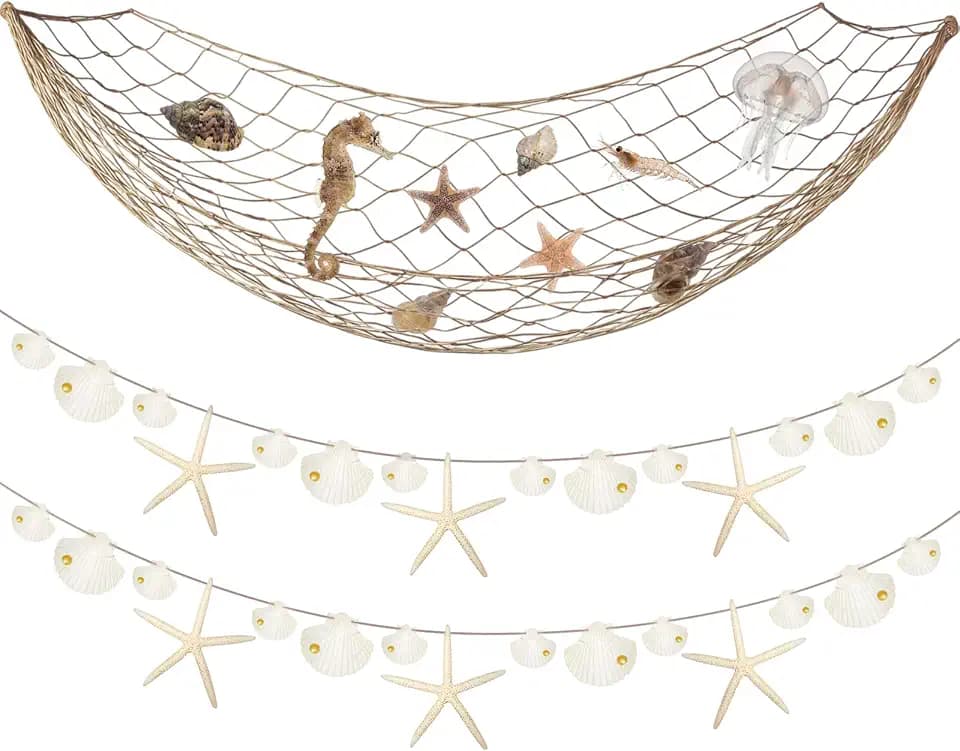2 Pack 39 x 59 Inch Fish Net Decor 4 Pcs White Finger Starfish Seashell Garland Fish Net Party Decorations Hawaiian Party Ocean Themed Decorative for The Sea Birthday Beach Wedding Decor