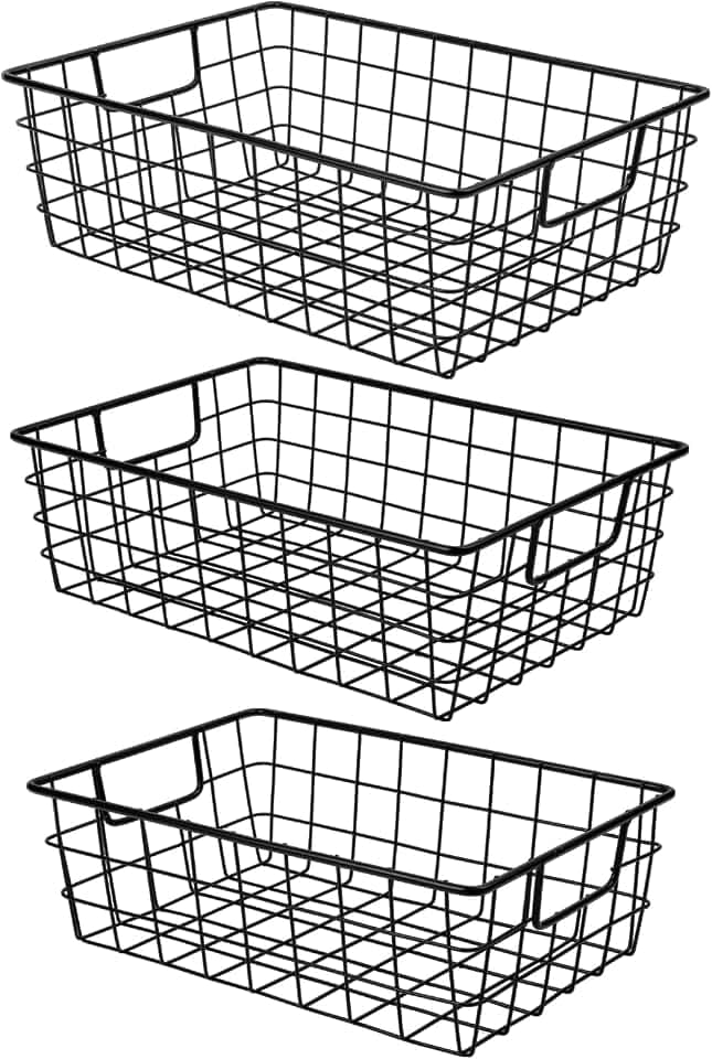 3 Pack Extra Large Wire Basket with Metal Handles, Metal Basket for organizers and storage, Wire Storage Baskets for Pantry, Cabinet, Fridge, Kitchen, Wardrobe, Garage, Bathroom, Black