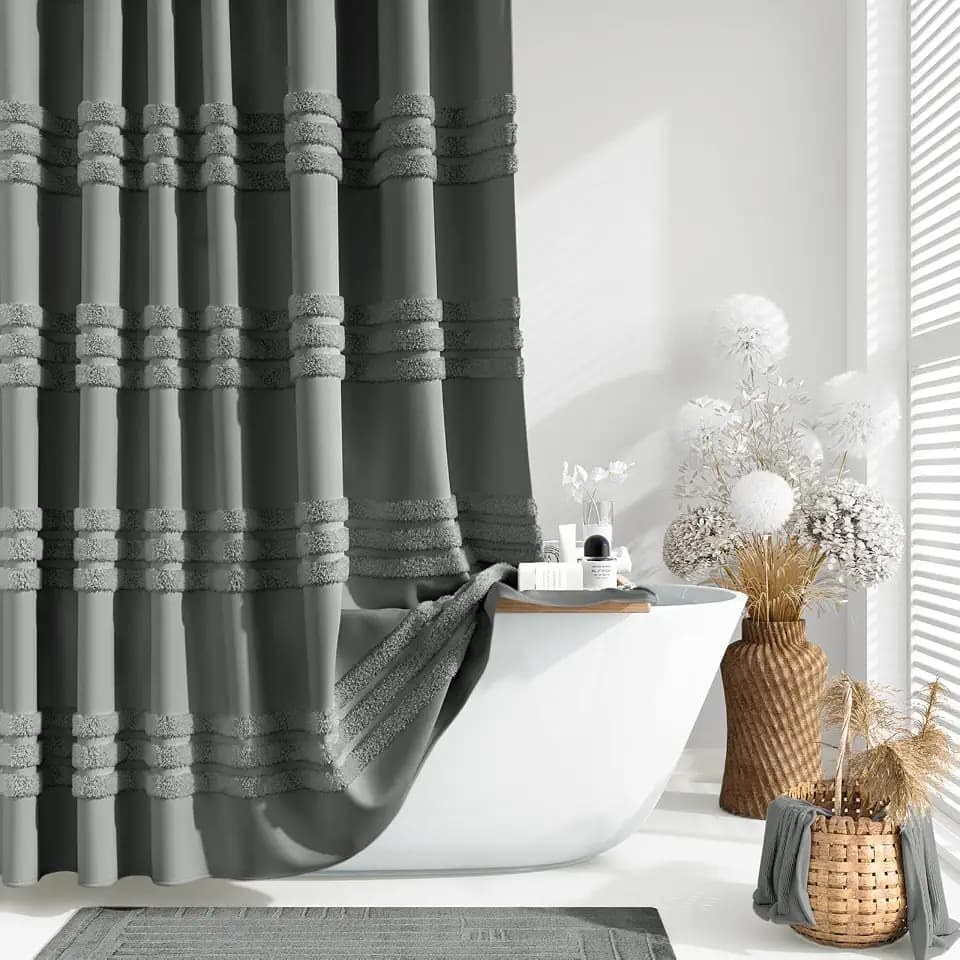 Dynamene Long Shower Curtain Chenille Striped Fabric 72"x78" Charcoal Grey