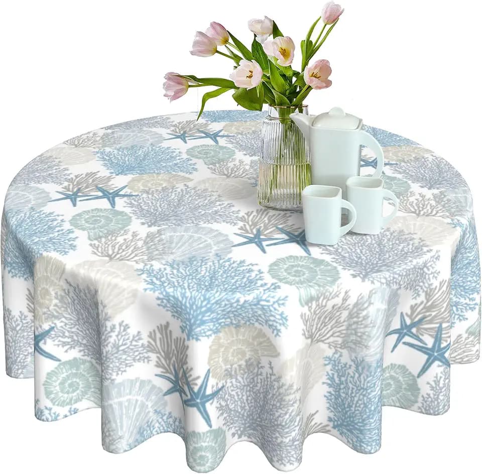 KORVITA Marine Theme Round Tablecloth 60 Inch Coral Shell Conch Round Tablecloth Washable Microfiber Tablecloth Decorative Table Covers for Picnic Party