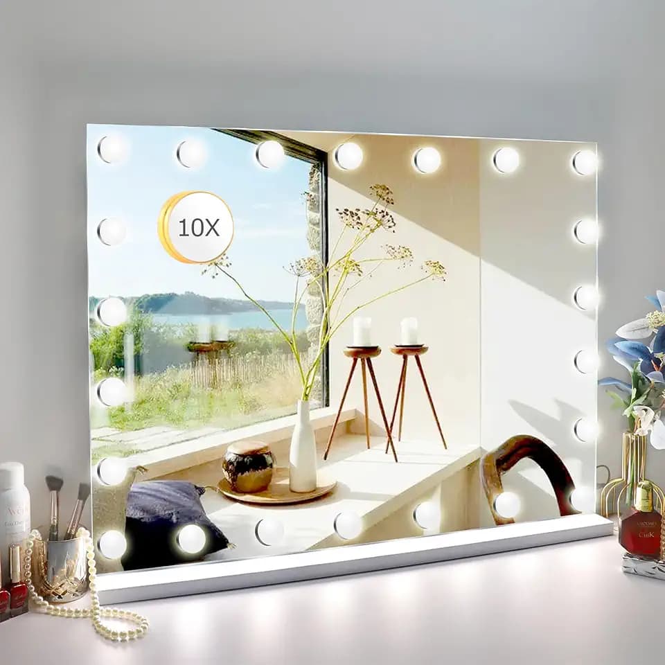 24.4"x 20.4" Vanity Mirror Makeup Mirror with Lights,10X Large Hollywood Lighted Vanity Mirror with 22 Dimmable LED Bulbs,3 Color Modes,Touch Control for Bedroom,Tabletop or Wall-Mounted