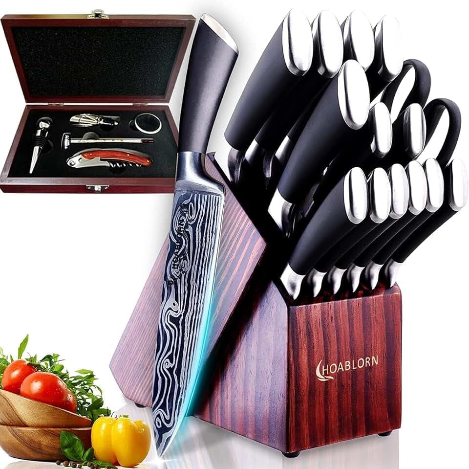 Knife Set, 15‑Piece Kitchen Knives Set with Block Professional Stainless Steel Knives Set for Kitchen Damascus Knives Set with Built‑in Knife Sharpener for Chef's Family