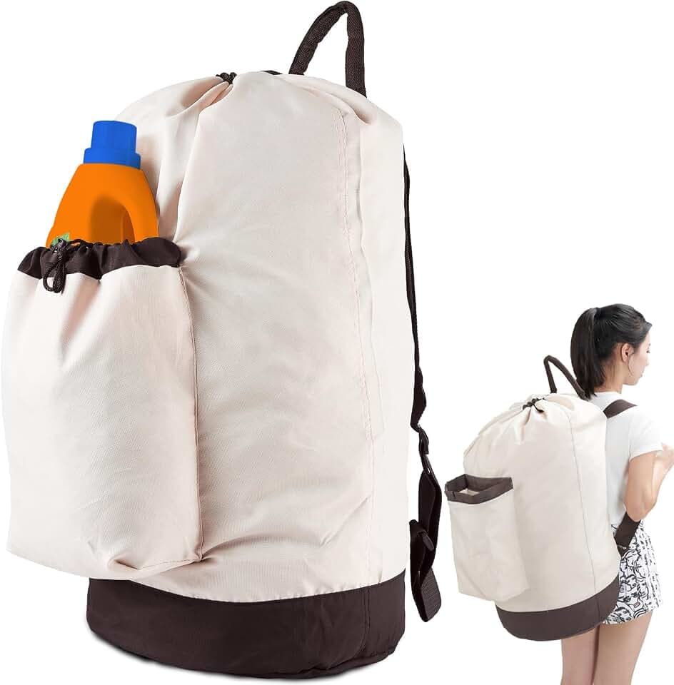 Seiritex Laundry Bag Backpack with Shoulder Straps and Detergent Holder Clothes, Travel Laundry Backpack Bag Hamper for College (Khaki w Brown)
