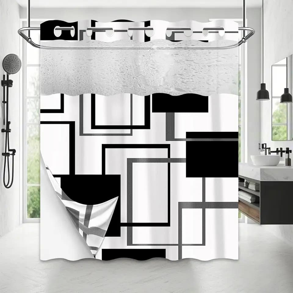 Black and Hookless Shower Curtain with Snap in Liner, 71x74 in, 2 in 1