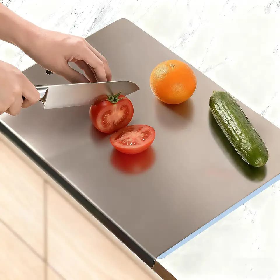 Stainless Steel Cutting Board with Lip for Kitchen, Chopping Boards with Blue Non-slip Mat, Cutting Board with Counter Lip for Meat, Fruits, Vegetables, Bread,Dough(15.7" × 11.8")