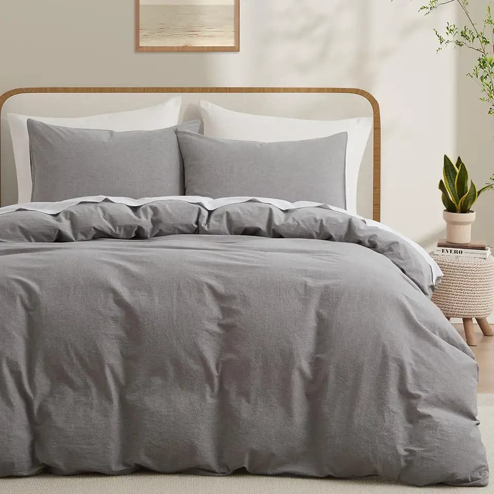 LOVQUE 100% Washed Cotton Duvet Cover, Light Grey, Full Size, 80x90 Inches