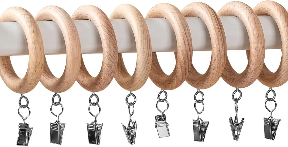 Rustic Wood Curtain Clip Rings - 24 Pack, Farmhouse Drapery Clips for 1.1 Inch Curtain Rod, 1.42” Inner Diameter, Easy Clip-On Design for Drapes & Valances, Enhance Your Home Decor