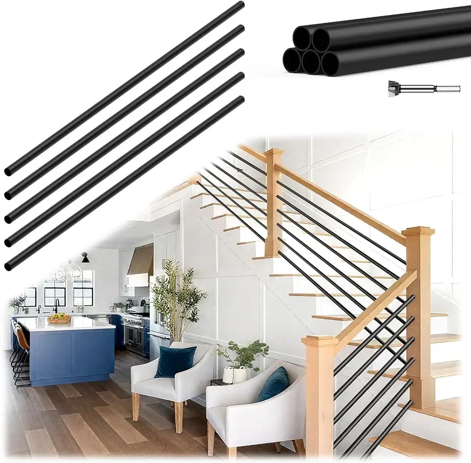 10 Pack 4.7 ft 5/8 Inch Round Iron Horizontal Stair Balusters, Black