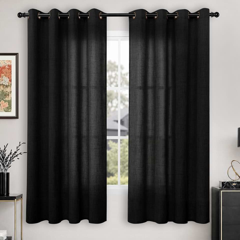YoungsTex Black Linen Semi Sheer Curtains 63 Inch Length 2 Panels