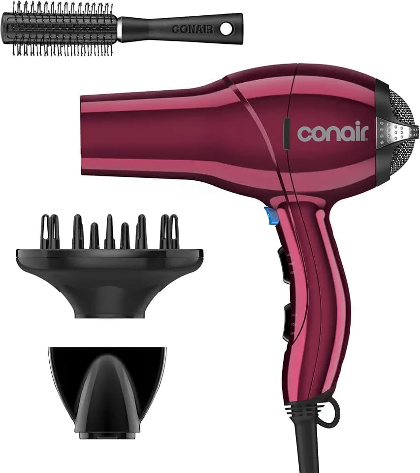 Conair Hair Dryer with Diffuser, Concentrator & Round Brush, Burgundy