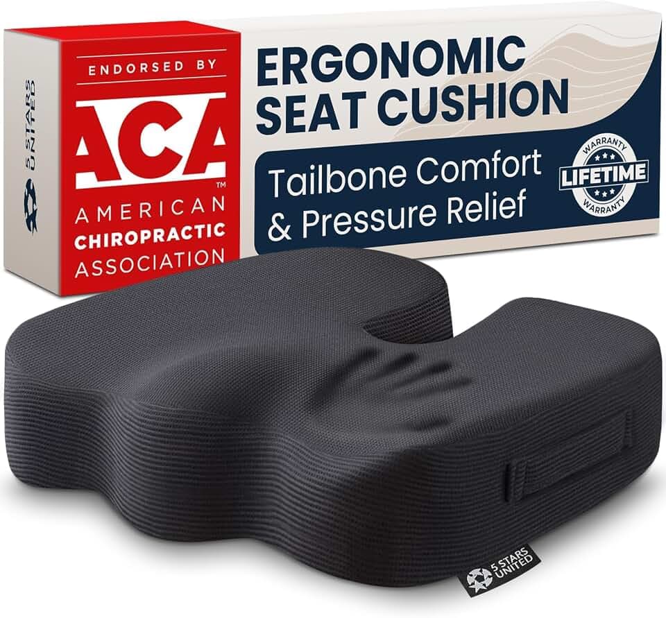 5 STARS UNITED Seat Cushion - Memory Foam Chair Pad for Tailbone Pain Relief - Ergonomic Support for Coccyx, Sciatica & Butt - Office, Desk & Gaming Chair, Car Seat, Wheelchair, Airplane, Black