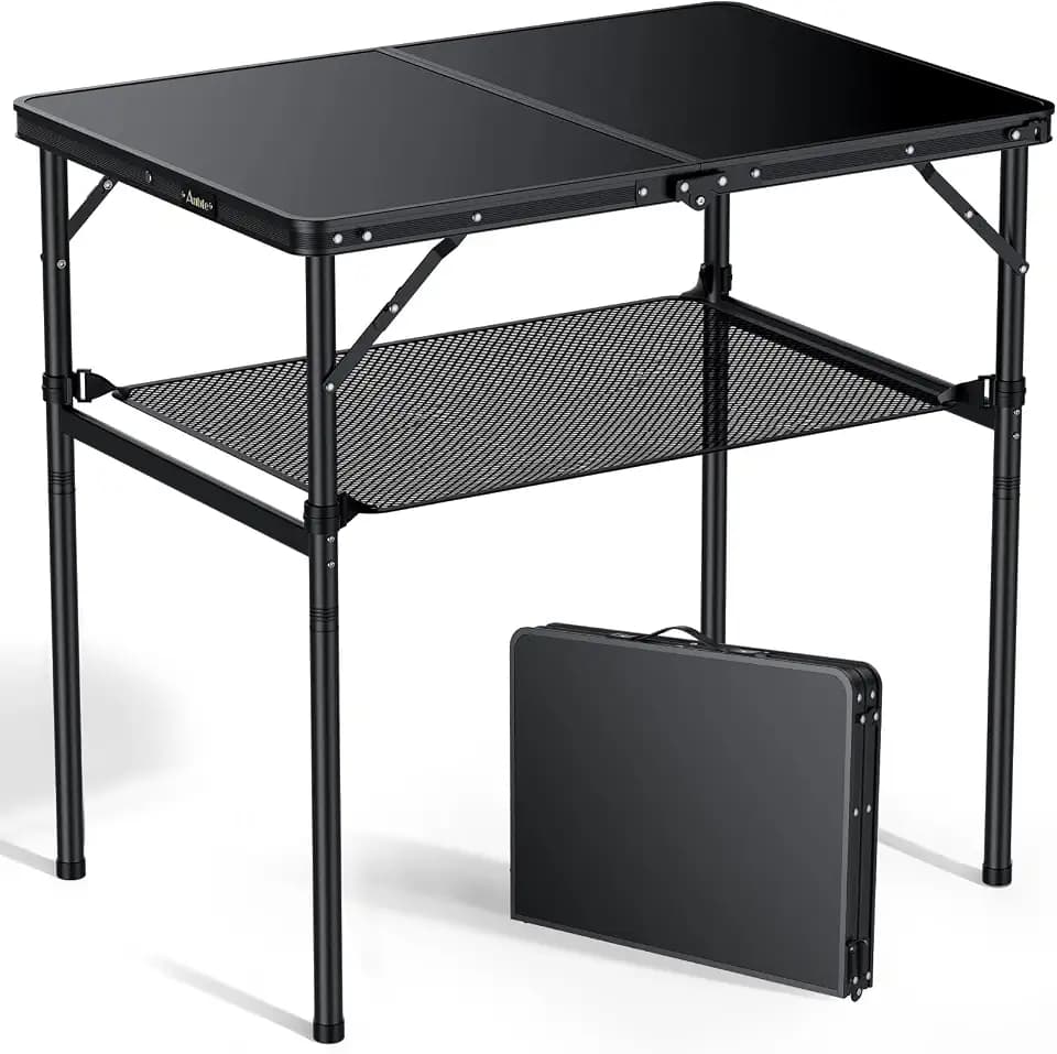 Anbte Campingtisch 90x60cm mit 2 Höhenverstellbar 37.5/74.7cm, Schwarz