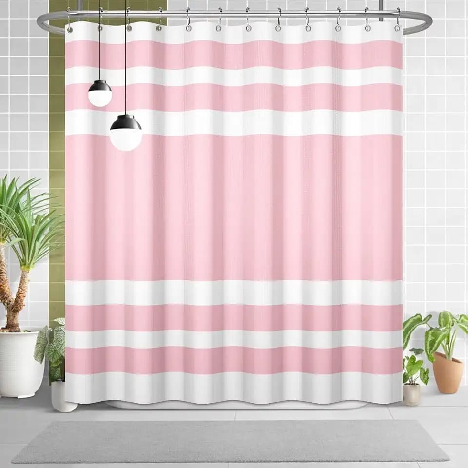 White Pink Waffle Bathroom Shower Curtain Set 72"x72"