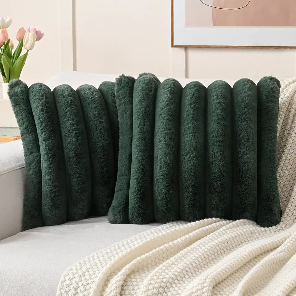 HAUSSY Pack of 2 Faux Fur Striped Throw Pillow Covers 18x18 Inch,Dark Green