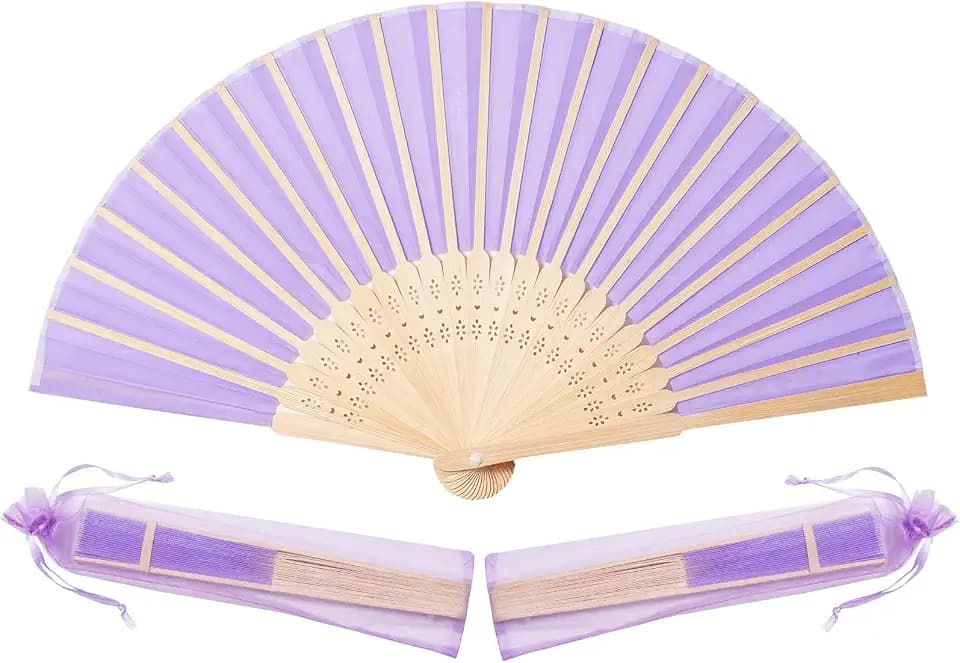 Sepwedd 50pcs Violet Imitated Silk Fabric Bamboo Folded Hand Fan Bridal Dancing Props Church Wedding party favors with Organza Bags