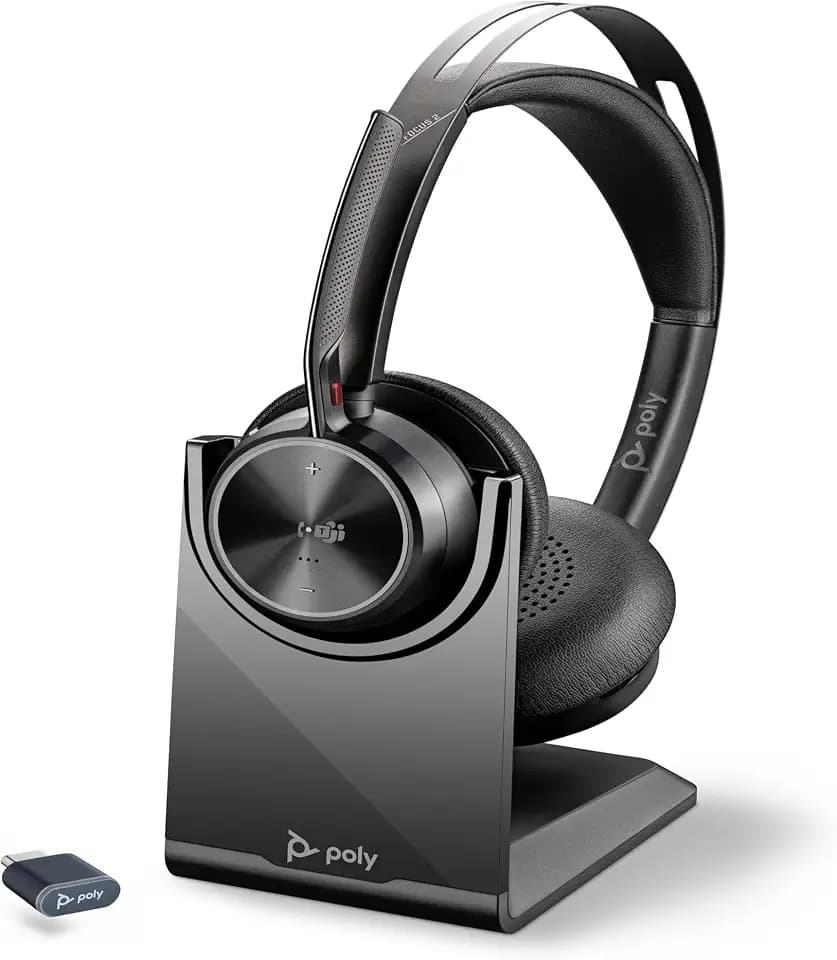 Poly Voyager Focus 2 UC schnurloses Headset mit Mikrofon & Ladestation – Active Noise Cancelling (ANC) – Verbindung mit PC/Mac/Mobiltelefon über Bluetooth – Kompatibel mit Teams (zertifiziert), Zoom